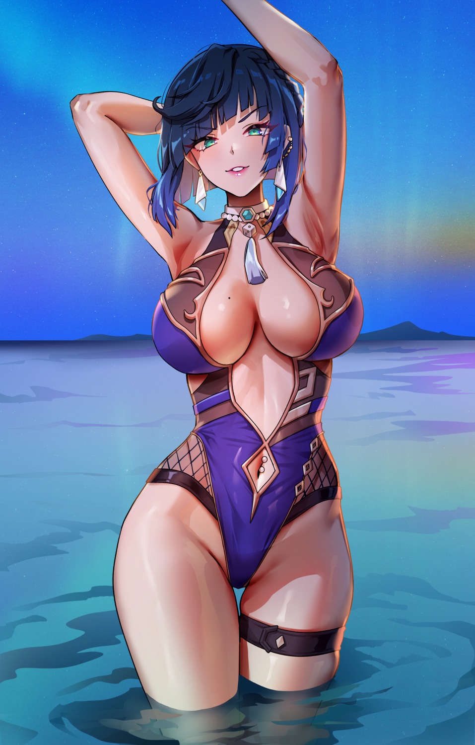 Foxy Rain Genshin Impact Yelan Cleavage Garter Leotard No Bra Open Shirt Wet Yande Re